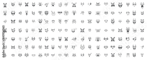 Cute Character Face Icons, Line Art Drawing of Animated Expressions, Emotional Set