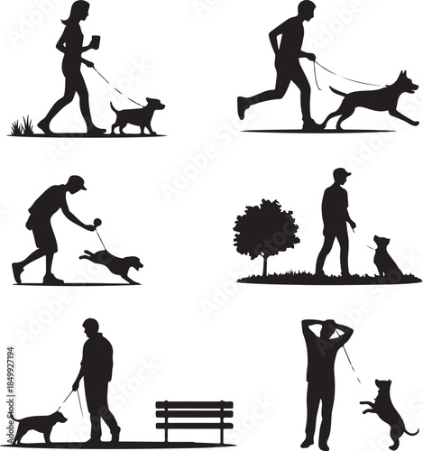 Dog Walking Silhouette Icon Set