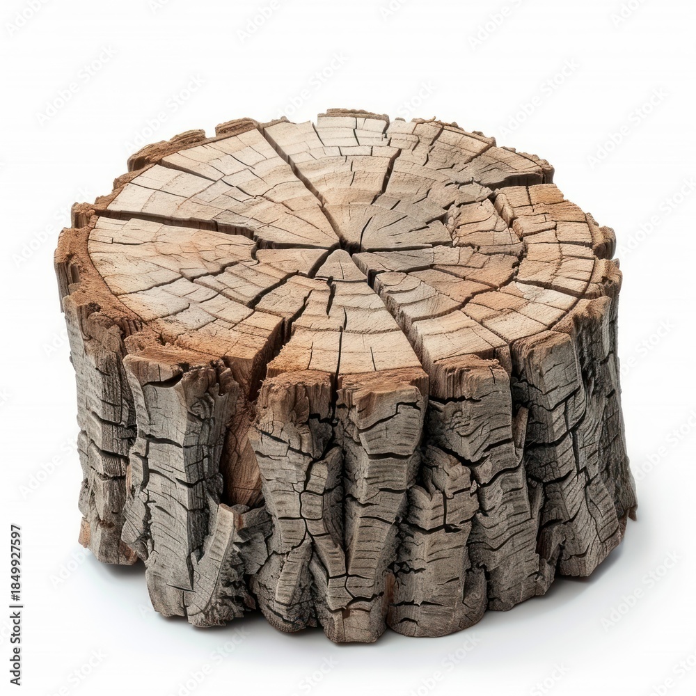 Obraz premium Cross section of tree trunk showing growth rings and cracked bark, isolated on white background