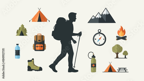 Silhouette of a Hiker with Backpack and Trekking Pole.