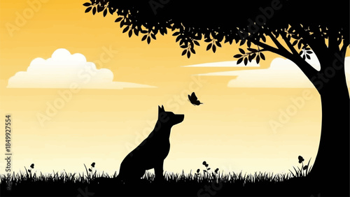 Silhouette of a dog sitting under a tree watching a butterfly.