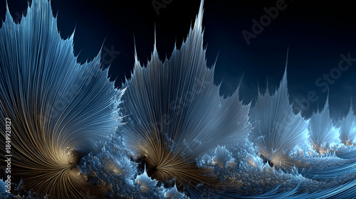 Abstract fractal artwork in shades of blue and gold, resembling icy feathers or crystalline waves. The intricate digital pattern evokes a surreal, futuristic, and nature-inspired atmosphere.