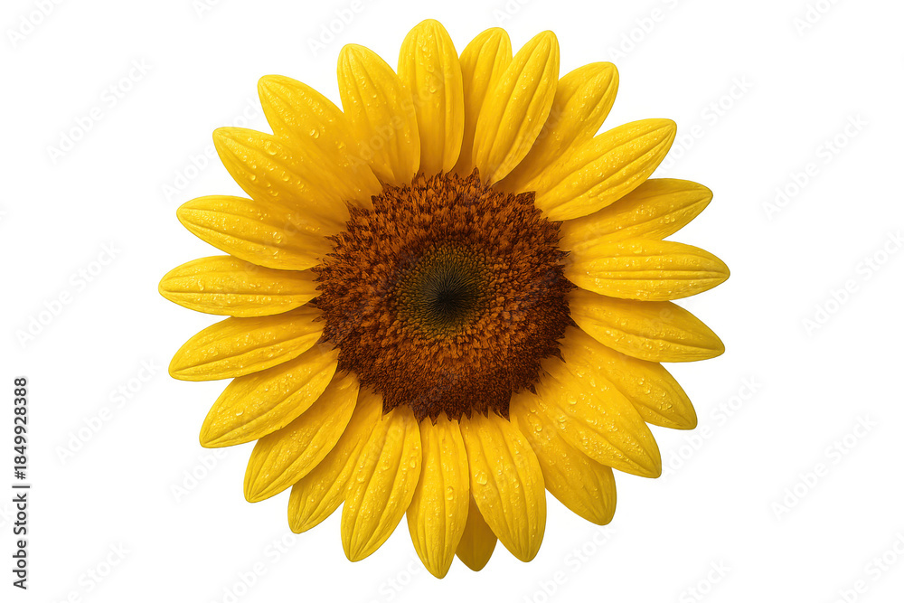 Fototapeta premium Sunflower head flourishing with radiant yellow petals and glistening dewdrops, representing growth, vitality, and natural beauty