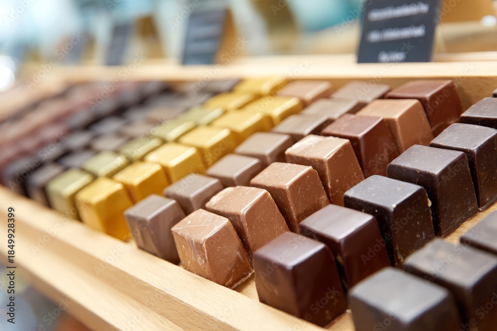 Fototapeta premium Delicious cube-shaped varied color chocolate pralines meticulously arranged in wooden display tray.