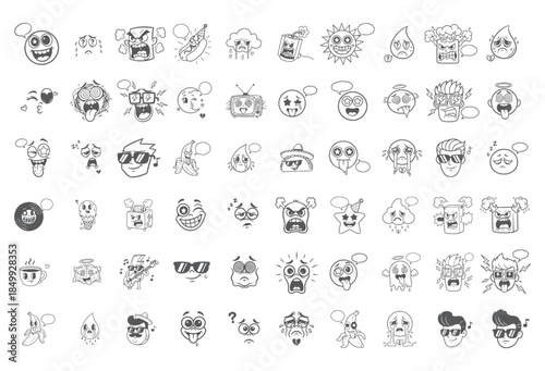 Black and White Comic Style Emoticons Bundle. Hand-Drawn Retro Mascot Characters.