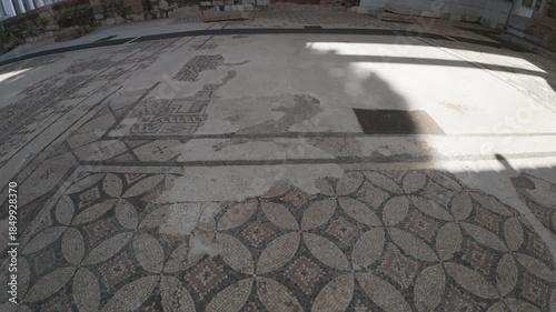 An intricate Roman mosaic displayed indoors at ancient city of Sardis, Manisa , Turkey.