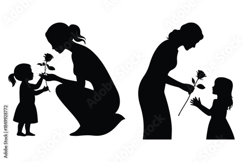 Mother and child silhouettes exchanging roses daughter