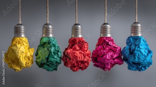 Five colorful light bulbs wrapped in crumpled paper hang vertically by twine against a grey backdrop,