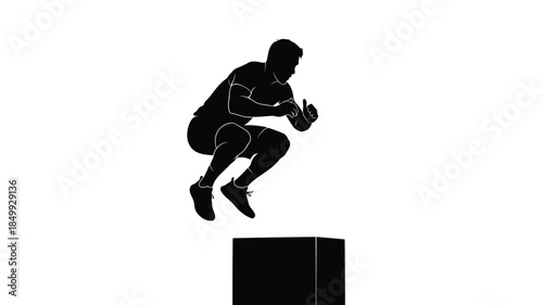 Silhouette of a man mid jump leaping from a dark block against a white background