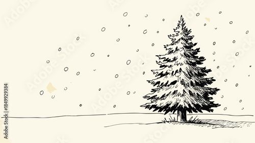 Minimalist pine tree on snowy ground with falling flakes on vintage paper