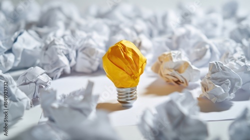 An illuminated lightbulb with a glowing filament stands amidst crumpled papers, symbolizing creativity, innovation,