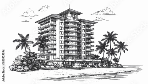 Modern beach resort hotel architecture with palm trees and ocean view sketch