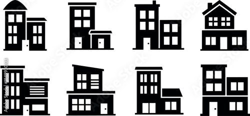 Collection of black and white building silhouettes on white background