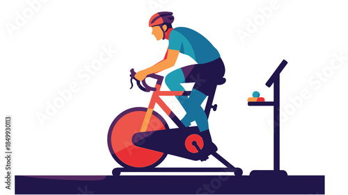 A cyclist intensely focused on an indoor exercise bike during a workout session