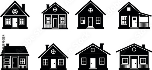Collection of black and white house illustrations on a plain white background
