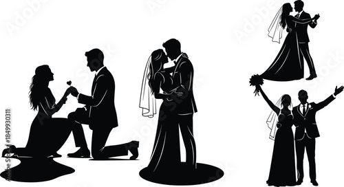 Romantic and wedding moments icon set, black silhouette illustration of proposal, kiss, dance, and celebration concept graphic