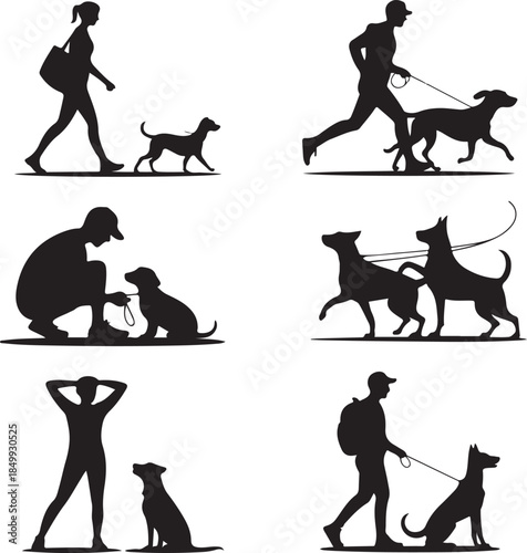 Dog Walking Silhouette Icon Set