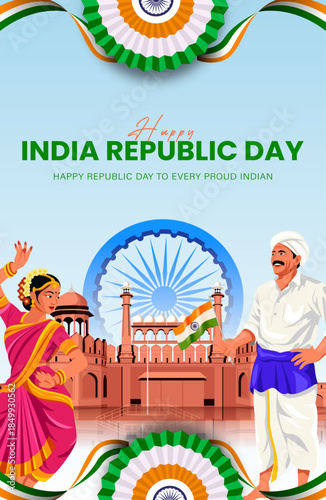 India Republic Day Poster with Traditional Dancers, Red Fort and Tricolor Elements