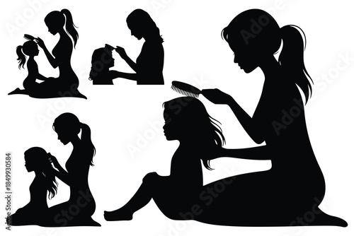 Mother combing daughters hair silhouette collection