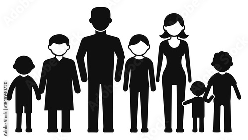 Black silhouettes of a family with parents and four children standing together