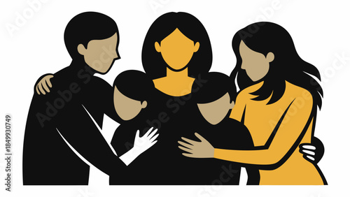 A family of five standing together in a group hug gesture