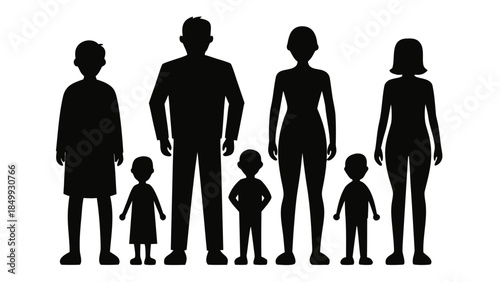 Black silhouettes of a diverse family with parents and children standing together