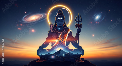 Lord Shiva Meditating in Himalayas with Trishul – Divine Mountain Scene
