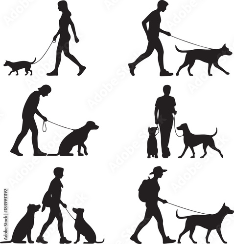 Dog Walking Silhouette Icon Set