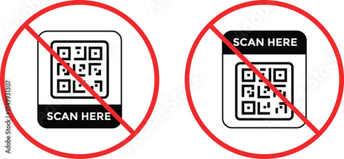 Prohibited Scanning Symbols. No QR code icon. Mobile scan restriction graphic design. Scanning prohibition icons. Data protection and warning signs
