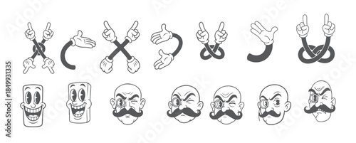Old School Animation Emblems, Monochrome Happy and Dizzy Facial Expressions with Hand Poses.