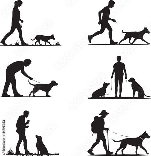 Dog Walking Silhouette Icon Set