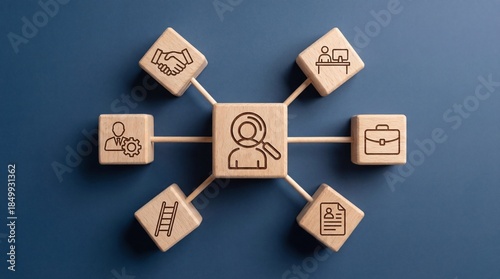 Business wooden cubes representing talent acquisition and employee career path from recruitment and onboarding to professional role and advancement.