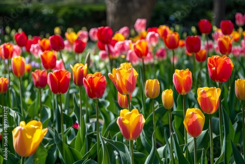 Vibrant tulips blooming in a sunny garden, showcasing a mix of red, yellow, orange, and pink petals