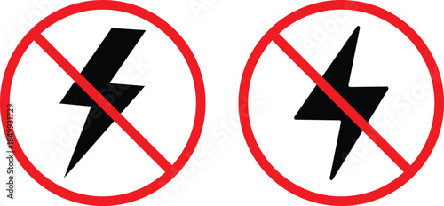 no lightning electricity icon. Electrical restriction graphic. No energy and blackout signs. Prohibited Power Symbols. No electricity icon
