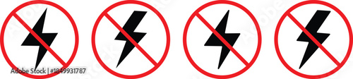 no lightning electricity icon. Electrical restriction graphic. No energy and blackout signs. Prohibited Power Symbols. No electricity icon
