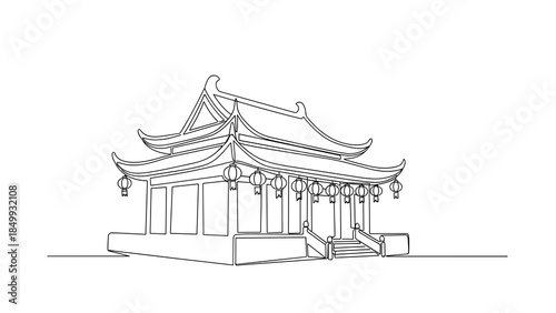 Traditional Asian temple in one line drawing style for cultural or travel-themed designs
