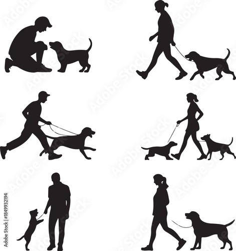 Dog Walking Silhouette Icon Set