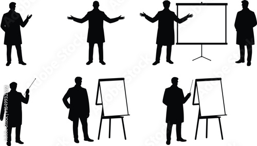 Business presenter silhouette set, corporate presentation poses, training seminar concepts, flip chart and screen usage, black white illustration collection