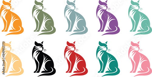 Sitting cat silhouettes collection in multiple colors, Colorful feline icon pack