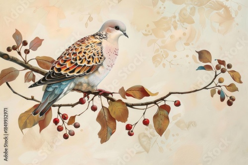 Colorful turtle dove perched on a branch with berries and autumn leaves, creating a serene nature scene