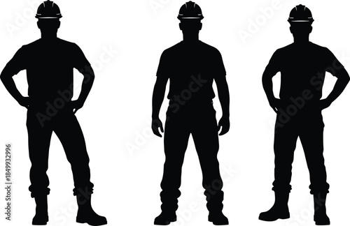 Construction worker silhouette set, industrial labor poses, safety helmet figures, manual workforce concept, black white illustration isolated background