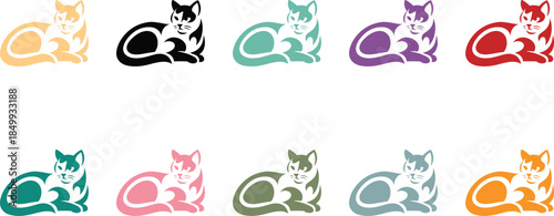 Stylized cat icons collection in various colors, Colorful cat icon set for design