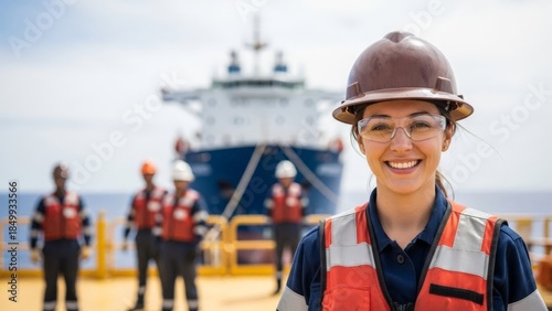Smiling female engineer on offshore platform with ship