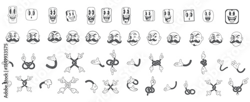 Cartoon Character Face and Hand Collection, Vintage Style Emotes and Gestures.