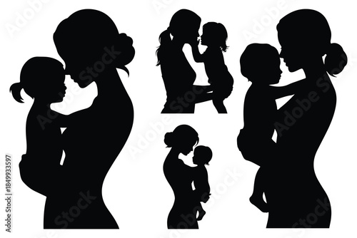 Silhouettes of mothers and children embracing in various poses
