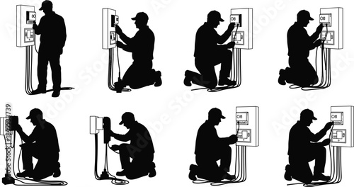 Electrician silhouette working on electrical panel, power meter installation, maintenance process, professional technician service, industrial energy system illustration