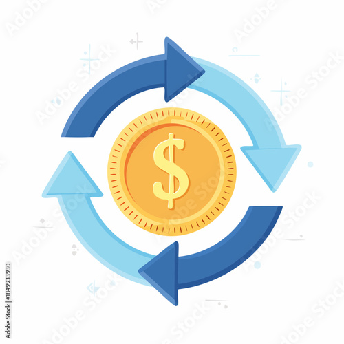 Currency circulation concept golden coin surrounded by arrows in cycle