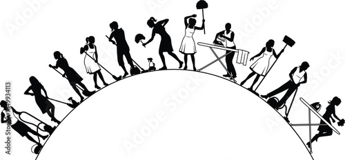 Household chores silhouette illustration, domestic work sequence, cleaning activities concept, daily routine, home service, black white lifestyle graphic design