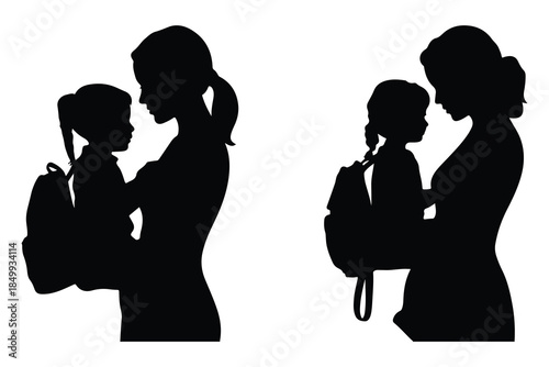 Silhouettes of women and girls with backpacks embracing
