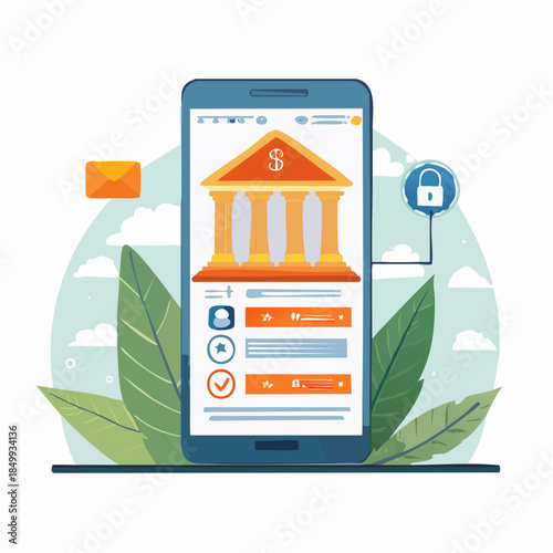 Smartphone app illustration banking services secure financial transactions